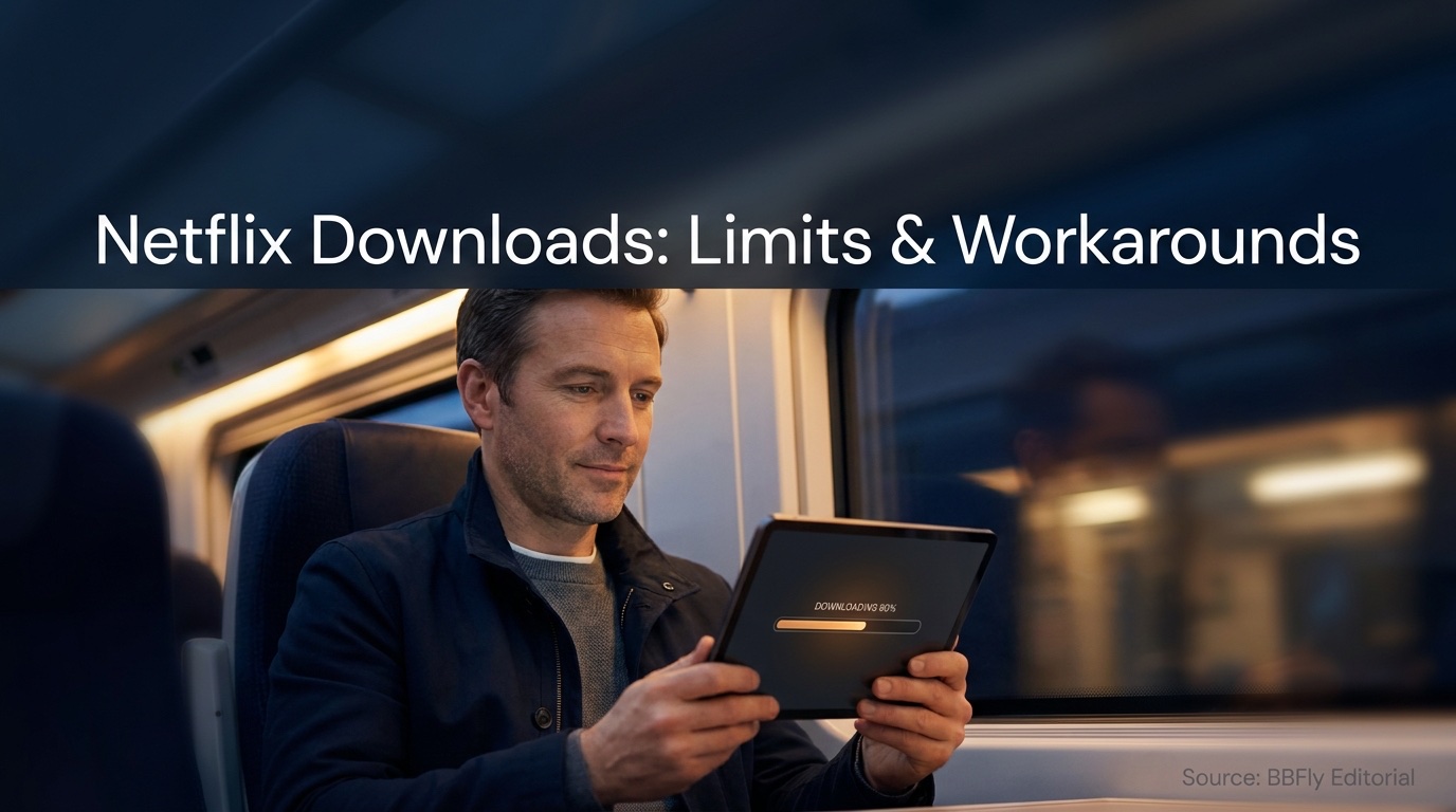 Person viewing download progress on a device during travel, illustrating Netflix's offline viewing