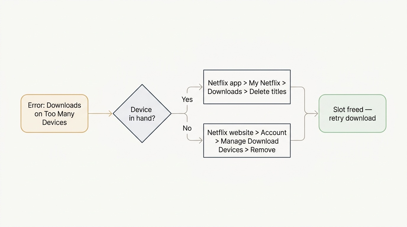 Decision flowchart for fixing Netflix 'downloads on too many devices' error, branching into two paths: web account management and in-app deletion.