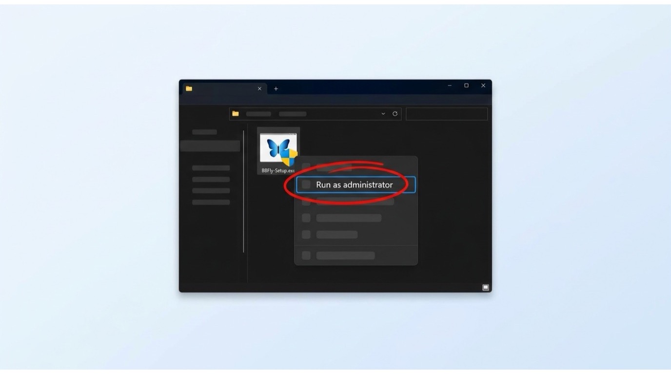 How to run BBFly-DMM-Downloader-Setup.exe as administrator in Windows 11 File Explorer
