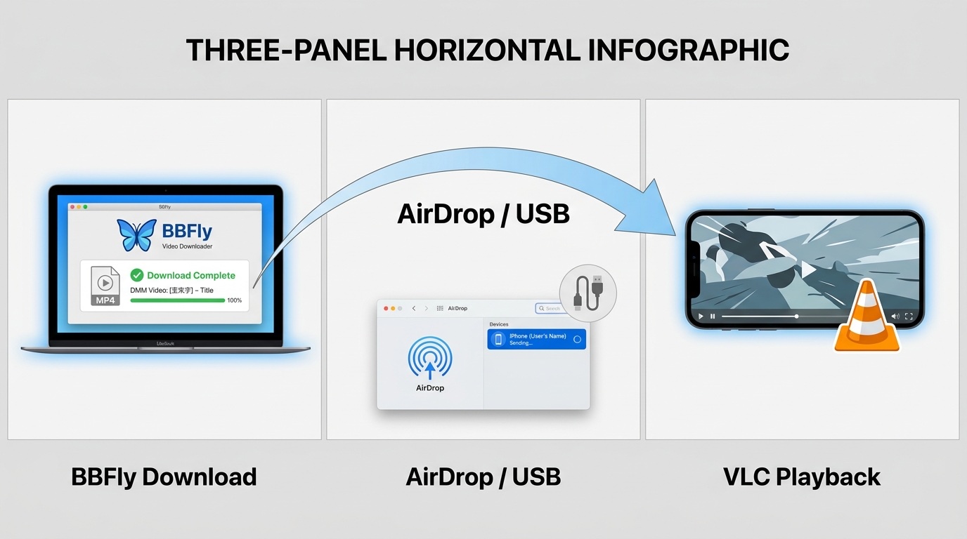 Download DMM video with BBFly on Mac, share via AirDrop to iPhone, then play in VLC for iOS