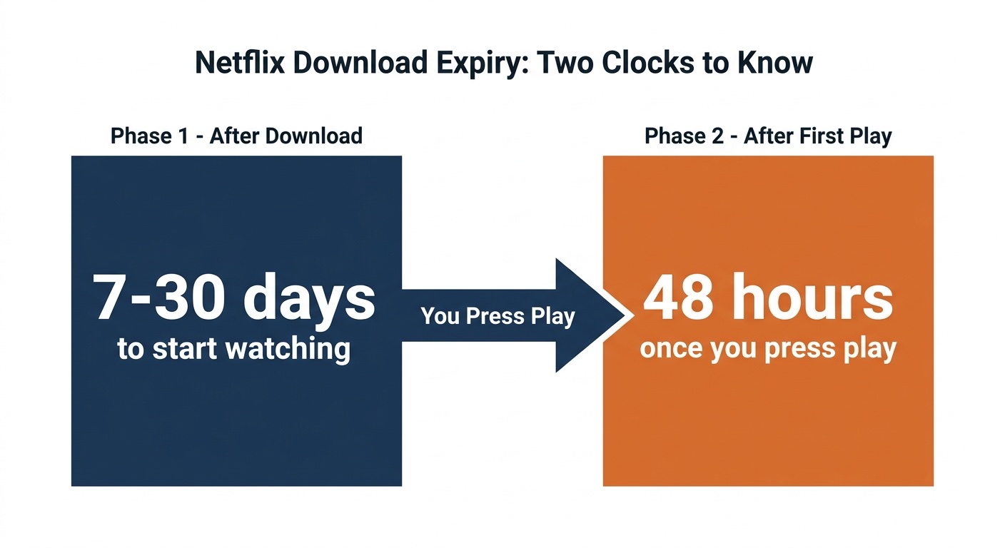 Netflixダウンロードの有効期限を示すタイムライン:保存後7~30日の未視聴期間の後、再生が開始された瞬間から始まる48時間のカウントダウンがあり、期限が過ぎるとファイルがロックされます。