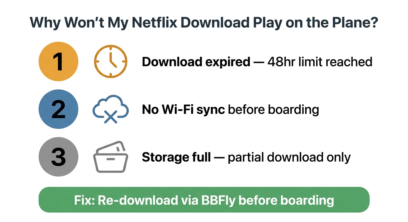 飛行機で再生されないNetflixダウンロードの診断フローチャート。発生の可能性が高い順に、以下の3つの分岐を示します:48時間のウィンドウが expired、搭乗前のWi-Fiチェックがスキップされた、またはカタログからタイトルが削除された。