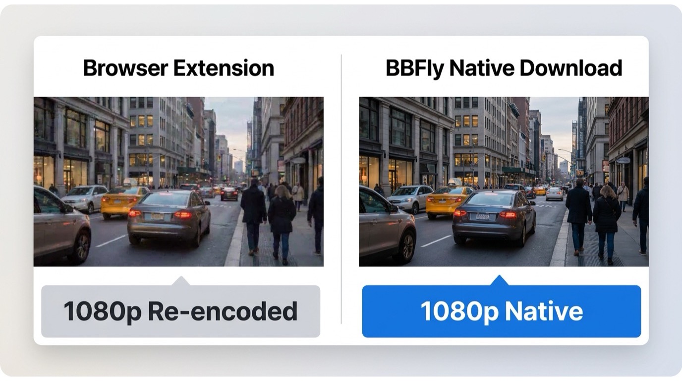 Browser extension vs. BBFly native download: native method preserves 1080p quality without