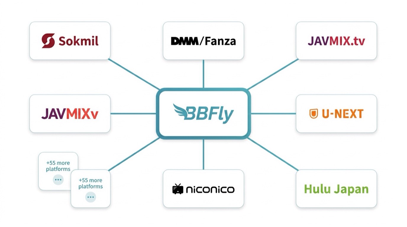 BBFly supports 60+ platforms including Sokmil, DMM, JAVMIX.tv, U-NEXT, Hulu Japan, niconico,