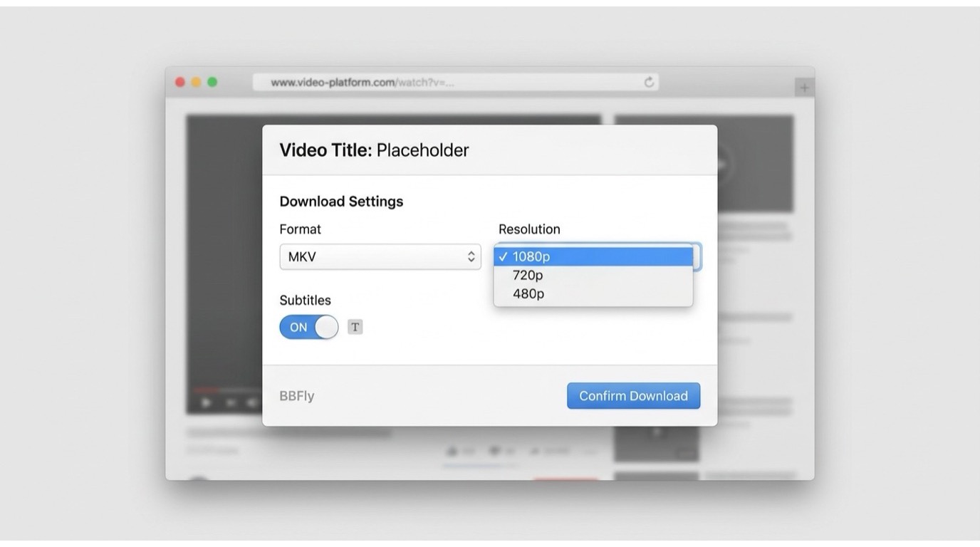 BBFly download settings showing format selection (MKV), resolution options (480p/720p/1080p)