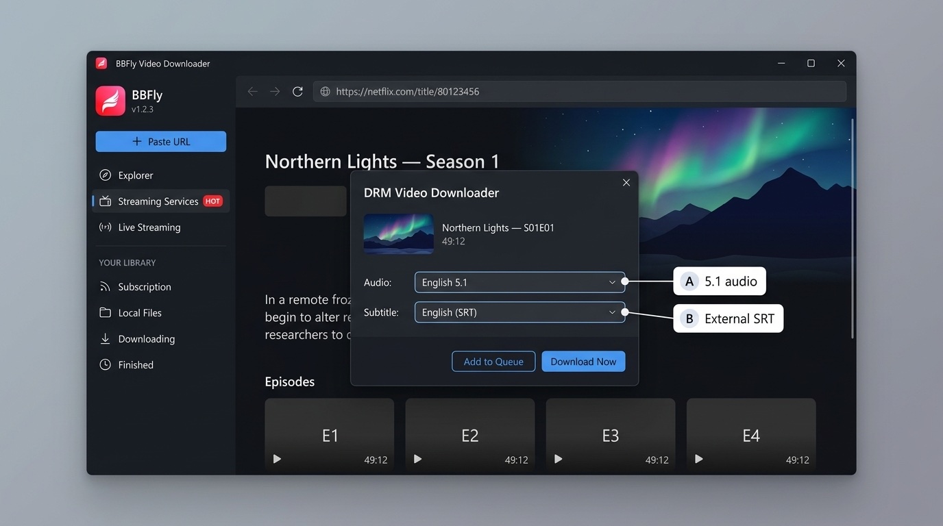 Uma captura de tela realista em 16:9 do BBFly Video Downloader no Windows 11 com o modal de qualidade e legendas aberto. Atrás do modal, a visualização de streaming incorporada preenche o painel principal com uma página de detalhes de uma série fictícia intitulada 'Luzes do Norte — Temporada 1'. A barra de endereços estilo navegador mostra 'netflix.com/title/80123456'. No centro da parte superior, um pequeno modal escuro (~280x220px, fundo #252830) intitulado 'Downloader de Vídeo DRM' com um X de fechar no canto superior direito. O modal exibe uma miniatura do show à esquerda e, à direita, o título 'Luzes do Norte — S01E01' com duração '49:12'. Duas linhas de dropdown rotuladas: 'Áudio:' configurado para 'Inglês 5.1' e 'Legenda:' configurado para 'Inglês (SRT)'. No canto inferior direito do modal, dois botões: um contornado em azul 'Adicionar à Fila' e um sólido em azul 'Baixar Agora'. Dois balões brancos arredondados: um rotulado como 'áudio 5.1' com uma linha de líder fina apontando para o dropdown de Áudio, e um rotulado como 'SRT Externo' apontando para o dropdown de Legendas.
