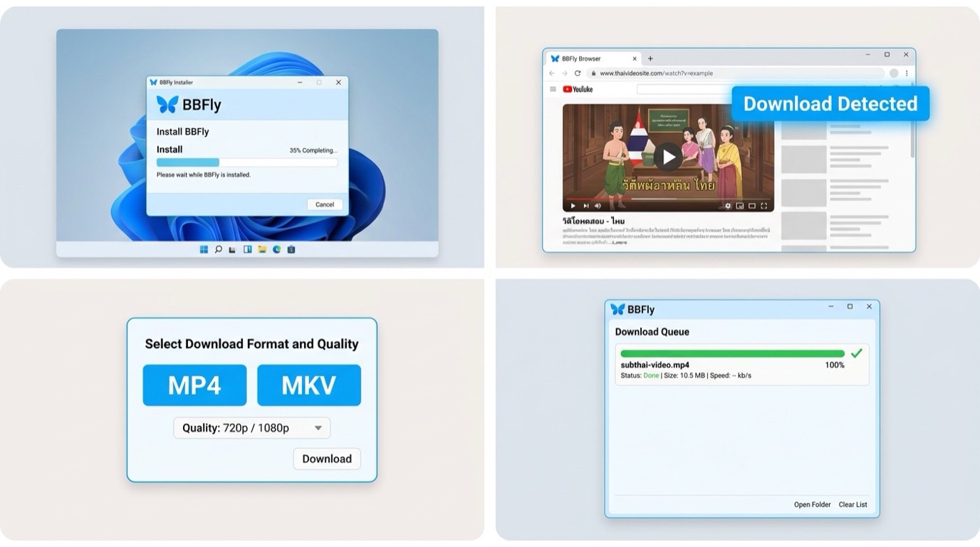 How to download Subthai AV videos with BBFly: install app, open browser to video page, select