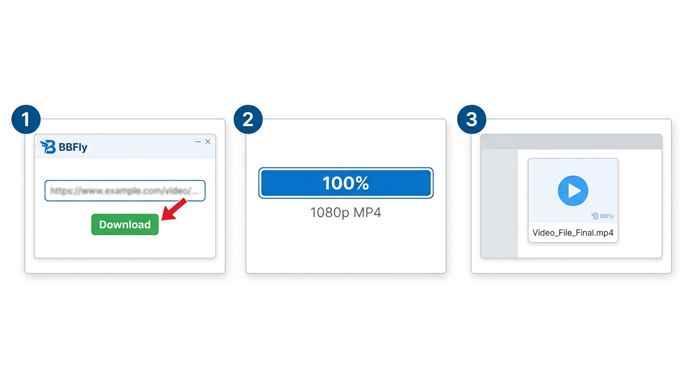 How to download with BBFly: paste URL in app, click download, monitor progress, retrieve MP4 file