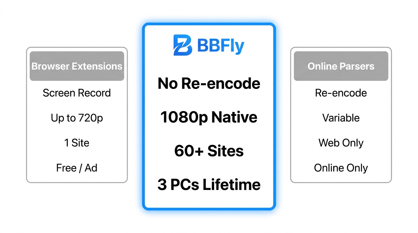 BBFly vs browser extensions vs online parsers: BBFly offers no re-encoding, 3-PC lifetime license