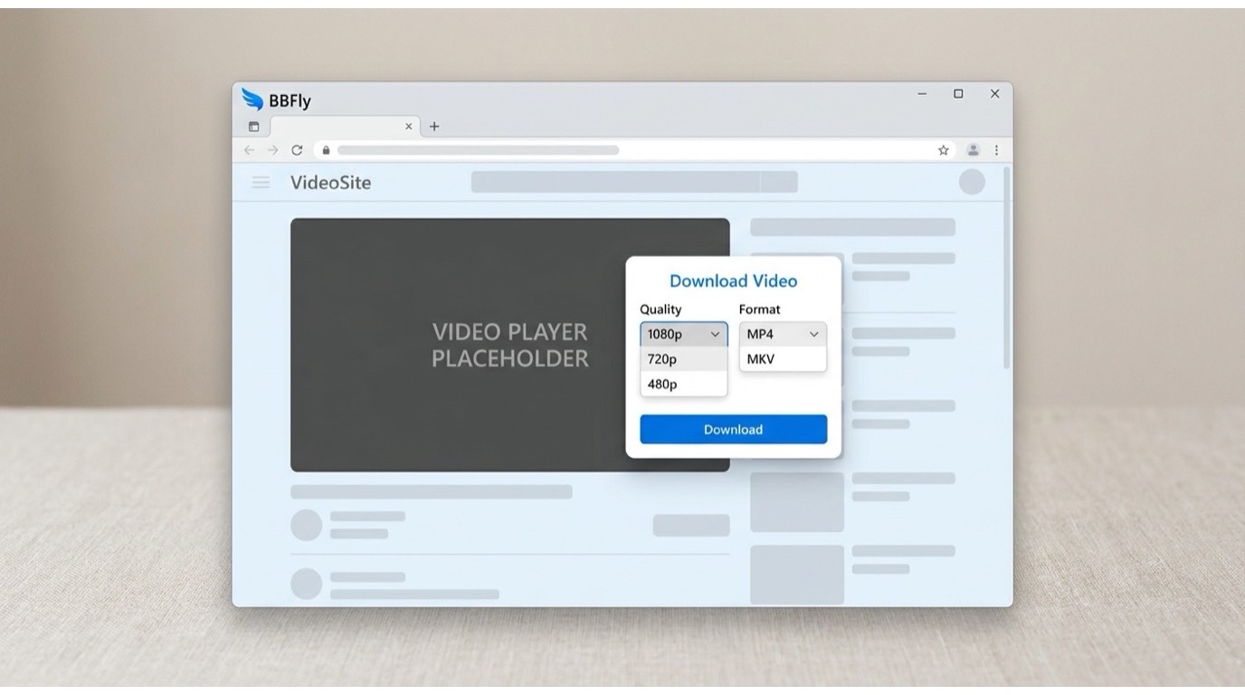 BBFly desktop app with built-in browser showing Redtube page and download dialog offering quality