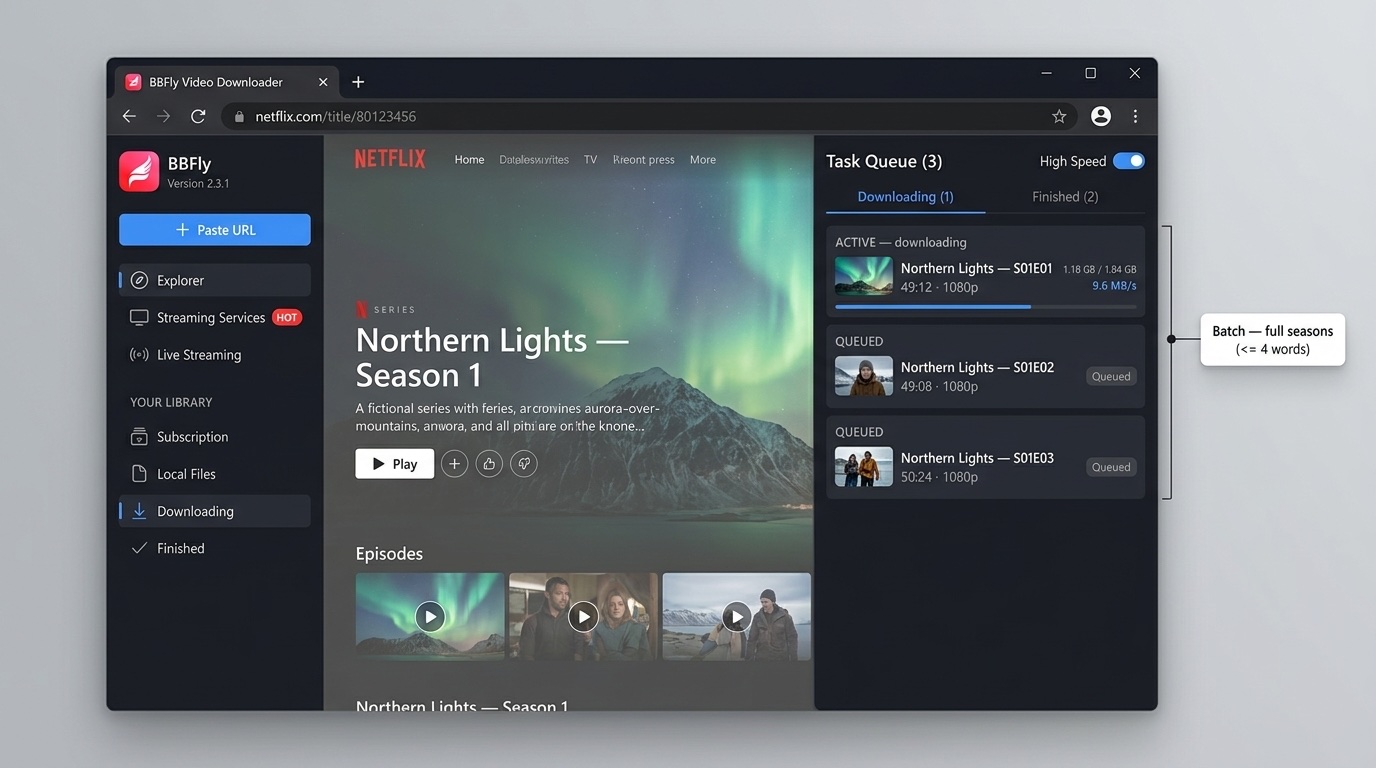 Uma captura de tela realista em 16:9 do BBFly Video Downloader no Windows 11, com o painel de Fila de Tarefas expandido no lado direito. O painel da direita (~240px de largura, escuro #1E2028) está intitulado 'Fila de Tarefas (3)' com um pequeno botão de alternância azul 'Alta Velocidade' no cabeçalho do painel. Duas abas estão logo abaixo: 'Baixando (1)' está ativa com um sublinhado azul #3D8EF5, e 'Finalizado (2)' está inativa. O item ativo de download é uma linha compacta mostrando uma pequena miniatura fictícia (~60x40px), título 'Luzes do Norte — S01E01', um rótulo de duração '49:12', tamanho '1,18 GB / 1,84 GB', emblema de resolução '1080p' e uma velocidade de download ao vivo '9,6 MB/s' com uma fina barra de progresso azul em cerca de 64%. Dois itens em fila estão abaixo na área de visualização da aba Finalizado: 'Luzes do Norte — S01E02' e 'Luzes do Norte — S01E03', cada um marcado como Em Fila. O painel principal à esquerda mostra a mesma página de detalhes de streaming incorporada da imagem anterior (agora ligeiramente escurecida). Uma única chamada arredondada branca rotulada 'Lote — temporadas completas' com uma fina linha de conexão aponta para a área da fila de múltiplos itens.