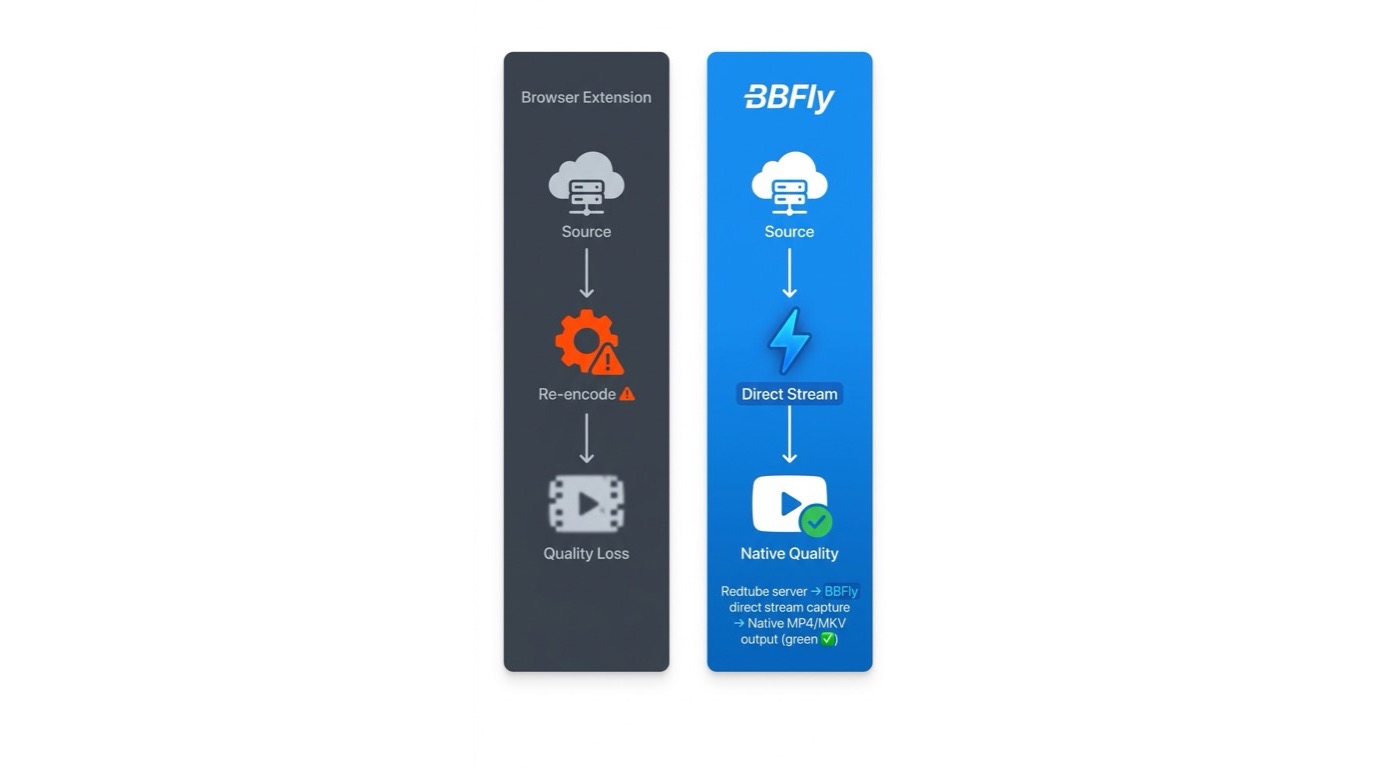 How to download: browser extensions require re-encoding causing quality loss, while BBFly remuxes