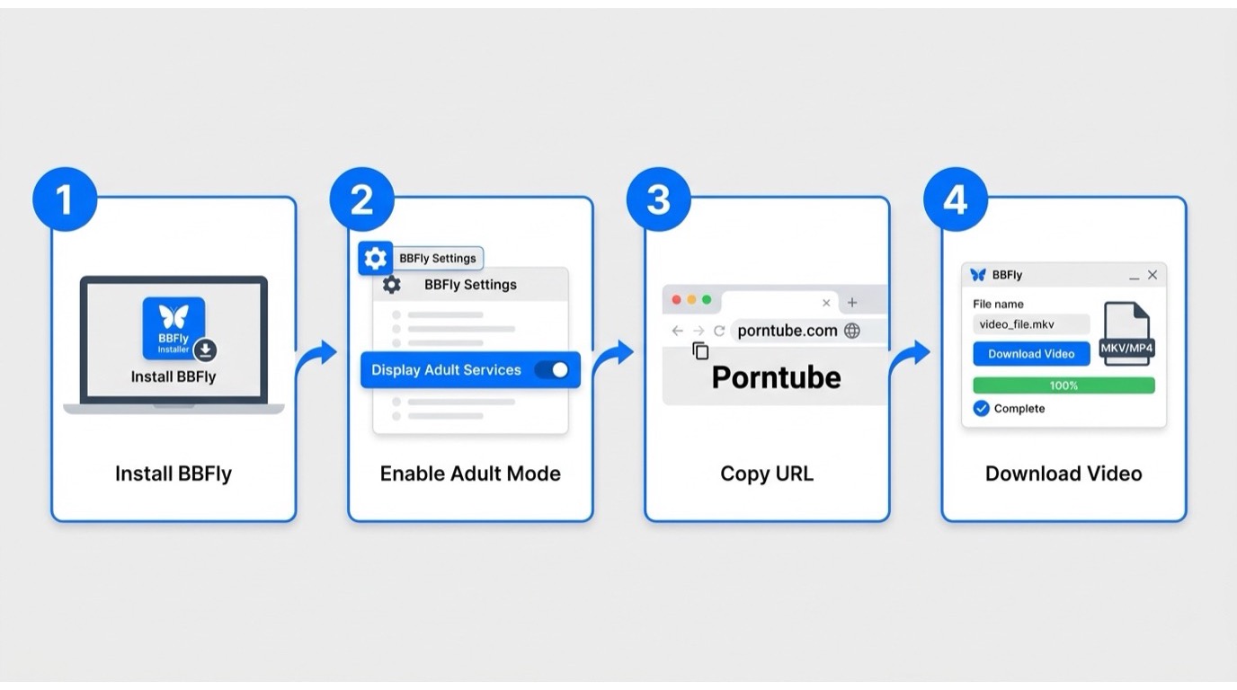 How to download Porntube videos with BBFly: install, enable adult mode, copy URL, and download MP4