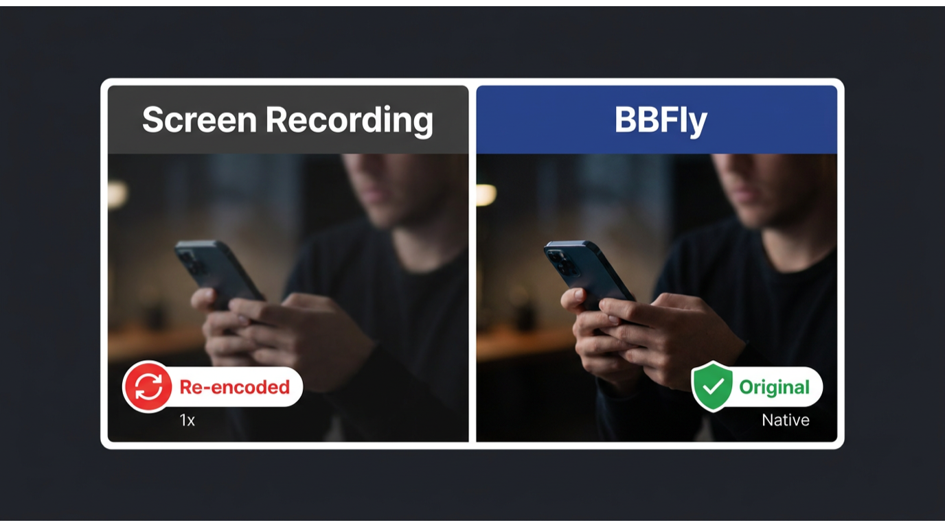 BBFly native download produces sharp 1080p MP4 video without re-encoding, compared to screen