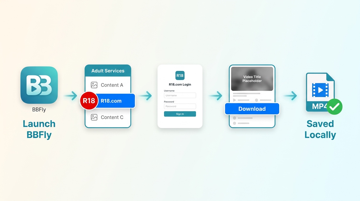 How to download R18.com videos with BBFly: launch app, select Adult Services, log in, choose video