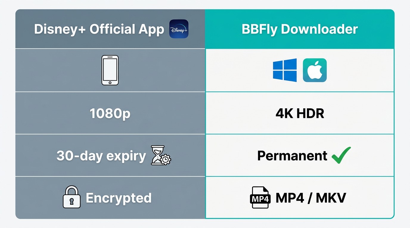 Official Disney+ app vs BBFly Downloader: platform support, maximum resolution, file permanence
