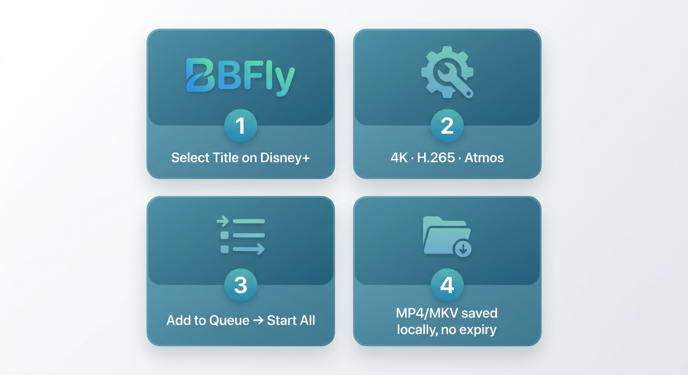 How to save Disney+ videos with BBFly: select title, choose quality settings, queue downloads, save