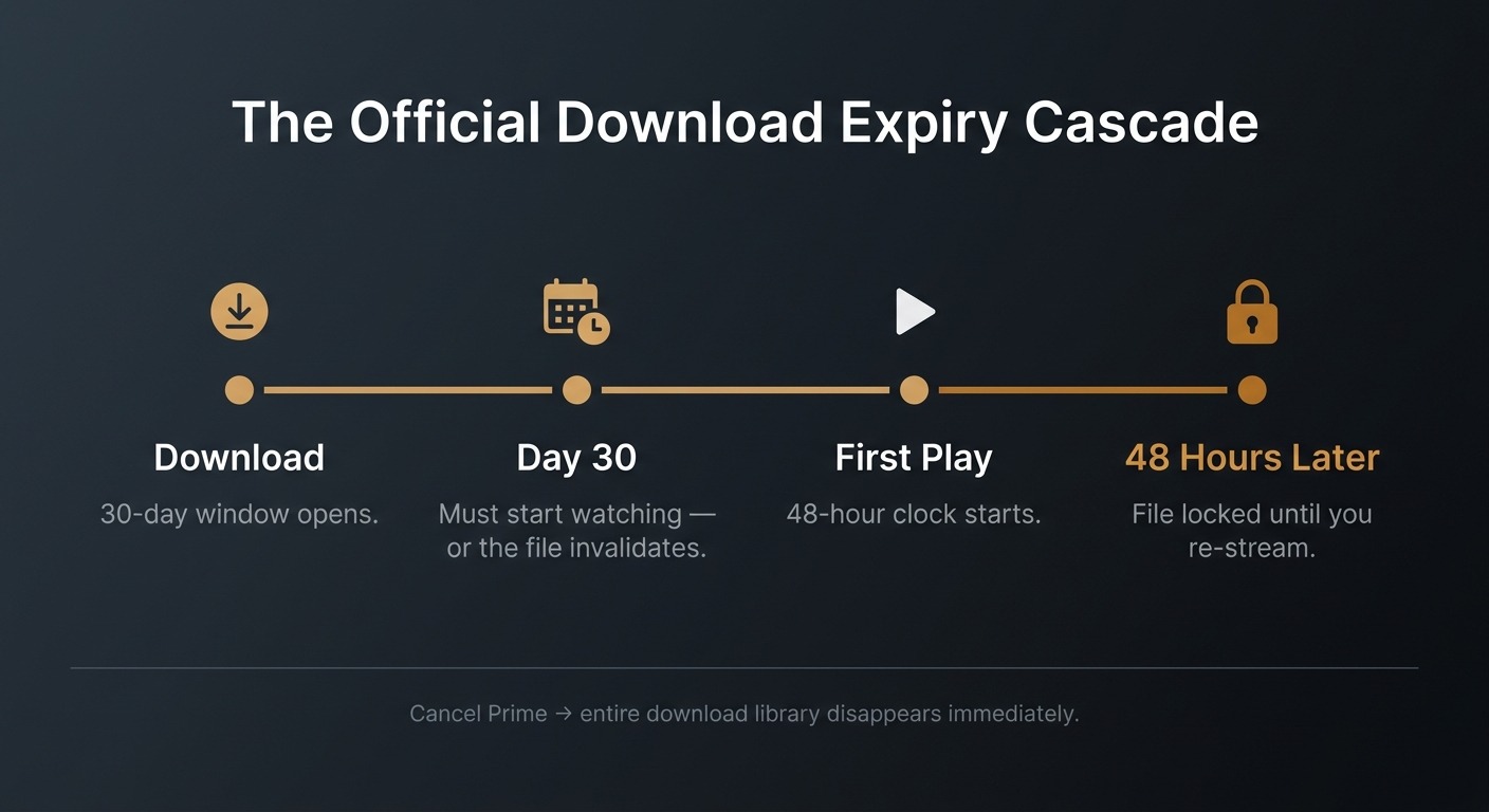 Timeline showing Amazon Prime Video's official download expiry: 30-day window to start watching, then 48-hour playback clock after first play, then file locks, then full library lost on subscription cancellation.