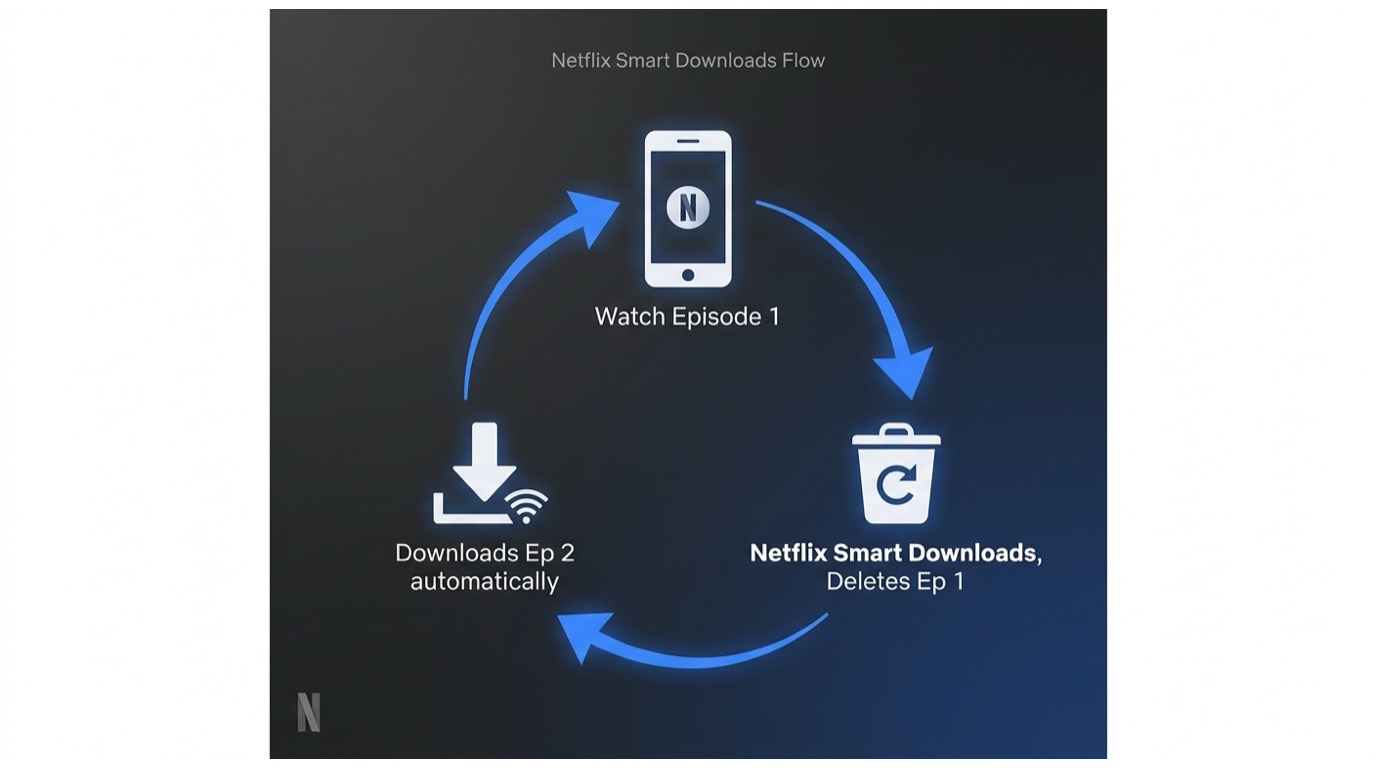 Circular three-step flow diagram with clean flat icons and Netflix brand dark background. Step 1: phone screen showing Netflix app playing Episode 1 (label 'Watch Episode 1'); arrow to Step 2: trash icon with label 'Smart Downloads deletes Ep 1'; arrow to Step 3: download arrow icon with Wi-Fi symbol and label 'Downloads Ep 2 automatically'; arrow loops back to Step 1. Netflix 'N' logo small in corner. Icons use white/light-grey on dark background, accent colour Netflix red for the arrows.