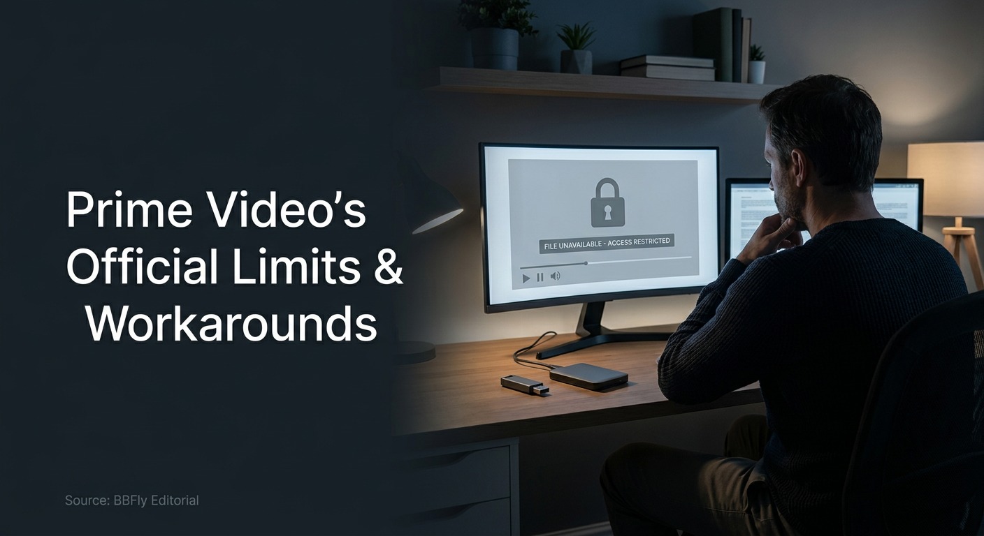 A man at a home-office desk with a video player showing a padlock icon on screen, USB stick and hard drive visible nearby, representing the Prime Video download limitations topic.