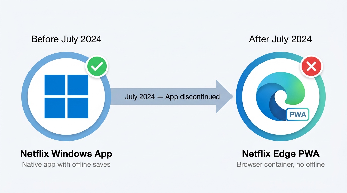 Horizontal timeline on a white/light background. Left node (before July 2024): Windows logo + Microsoft Store badge, label 'Netflix Windows App — Download ✓ supported', green checkmark. Arrow pointing right labelled 'July 2024'. Right node (after July 2024): Microsoft Edge logo + PWA badge, label 'Netflix Edge PWA — Download ✗ removed', red X. Below each node, 1-line descriptor: 'Native app with offline saves' vs 'Browser container, no offline'. Clean flat design, Windows blue and Edge blue brand colours.