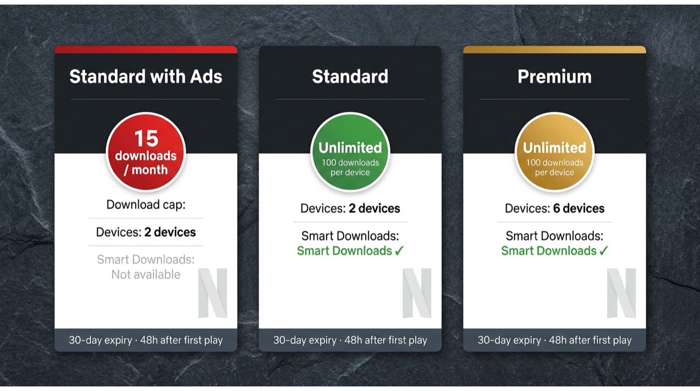 Three vertical cards side by side, each with the Netflix 'N' logo watermark and plan name at top in Netflix red/dark styling. Card 1 'Standard with Ads': bold red badge '15/month cap', '2 devices', 'No Smart Downloads' in grey. Card 2 'Standard': bold green badge 'No cap', '100 downloads', '2 devices', 'Smart Downloads ✓'. Card 3 'Premium': bold gold/premium badge 'No cap', '100 downloads', '6 devices', 'Smart Downloads ✓'. Shared footer row: '30-day expiry · 48h after first play'. Flat card design, clean sans-serif font.