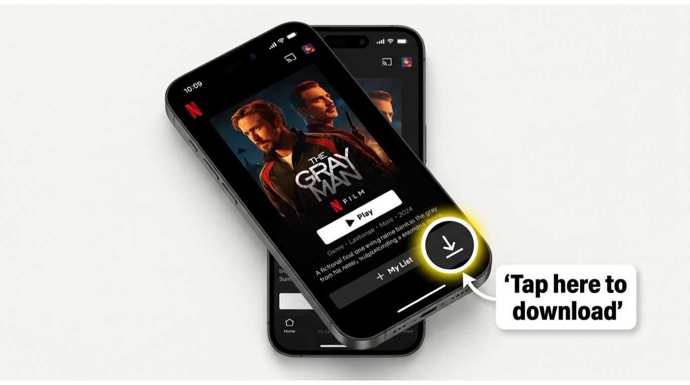 Realistic mockup of a Netflix app title detail page on an iPhone 15 (iOS 18 status bar visible). Shows a movie poster with Netflix branding, the title, and below it a row of action buttons — Play, My List, and a clearly highlighted download arrow icon with a bright yellow/white callout circle and label 'Tap here to download'. Dark Netflix UI background. The Netflix wordmark 'N' visible in the top-left corner.