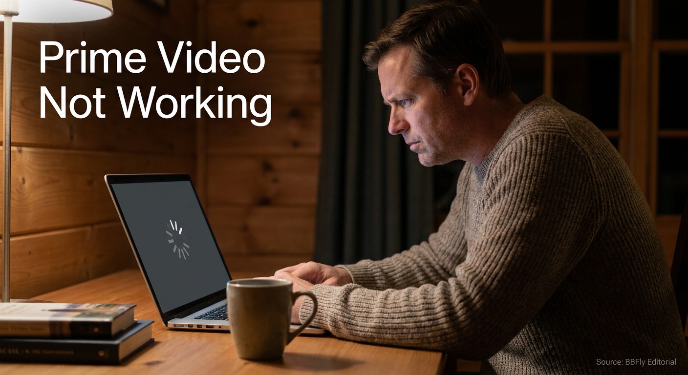 A person in their mid-40s sitting at a home desk, staring at a laptop screen showing a frozen video with a loading spinner, in warm low-key evening lighting.