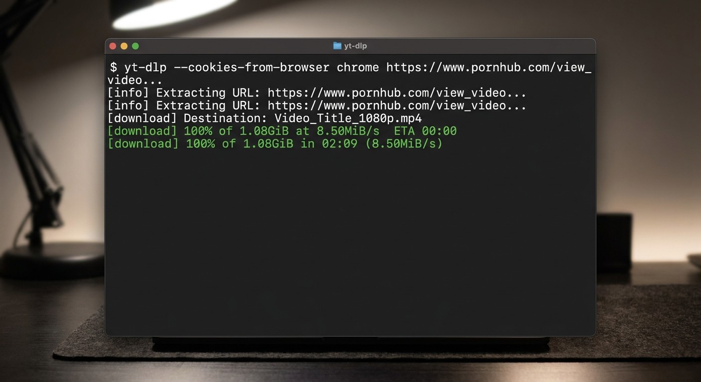 Dark terminal window (macOS Terminal or Windows PowerShell) showing a yt-dlp command: 'yt-dlp --cookies-from-browser chrome https://www.pornhub.com/view_video...' with output lines showing '[download] 100% of 1.08GiB at 8.50MiB/s' and a completed filename ending in '1080p.mp4'. A small 'yt-dlp' text label visible in corner. Realistic terminal font (monospace), dark background with green/white text.