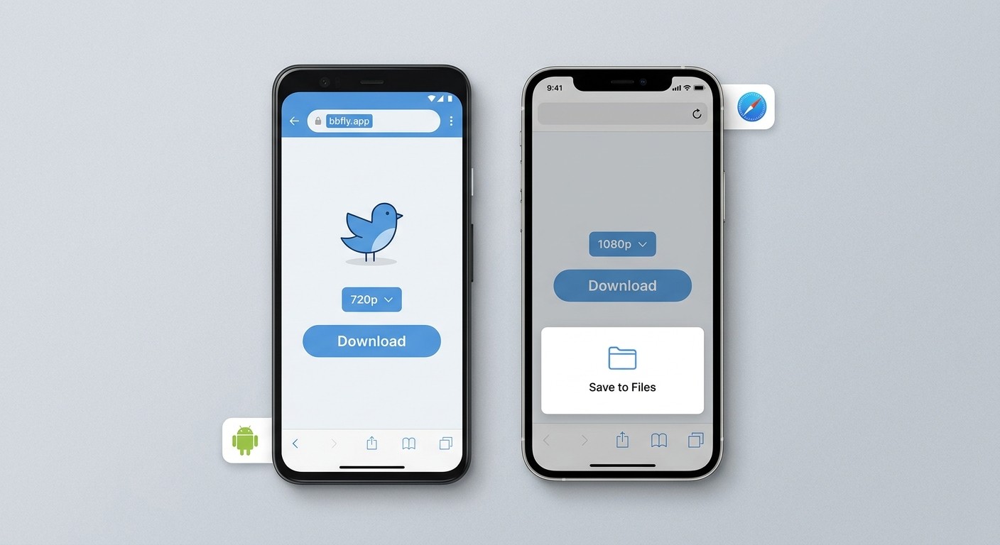 Two phone mockups side by side. Left phone: Android (Chrome browser, green Android logo label) showing the address bar with a copied URL and an online downloader tab open with '720p' selected and a Download button. Right phone: iPhone (Safari browser, Apple logo label) showing a Files app prompt 'Save to Files' appearing after tapping download. Simple flat illustration, clean white phone frames, short labels, no explicit adult content visible.