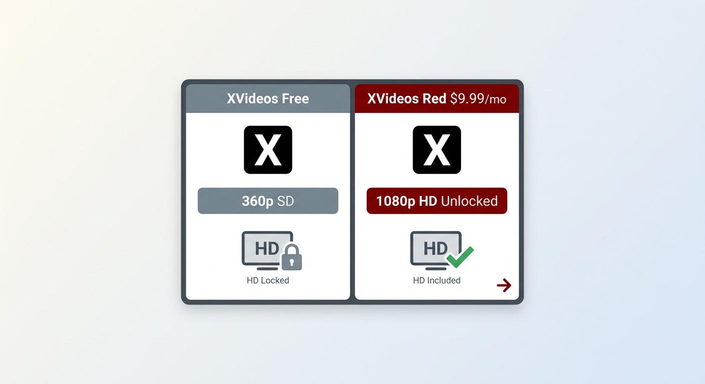 Side-by-side comparison card with two columns: left column labelled 'XVideos Free' with a muted grey badge showing '360p SD' and a lock icon on the HD option; right column labelled 'XVideos Red $9.99/mo' with a red badge showing '1080p HD' unlocked. XVideos logo (white X on black) visible at the top of each column. Clean flat design, dark background, short text labels only.