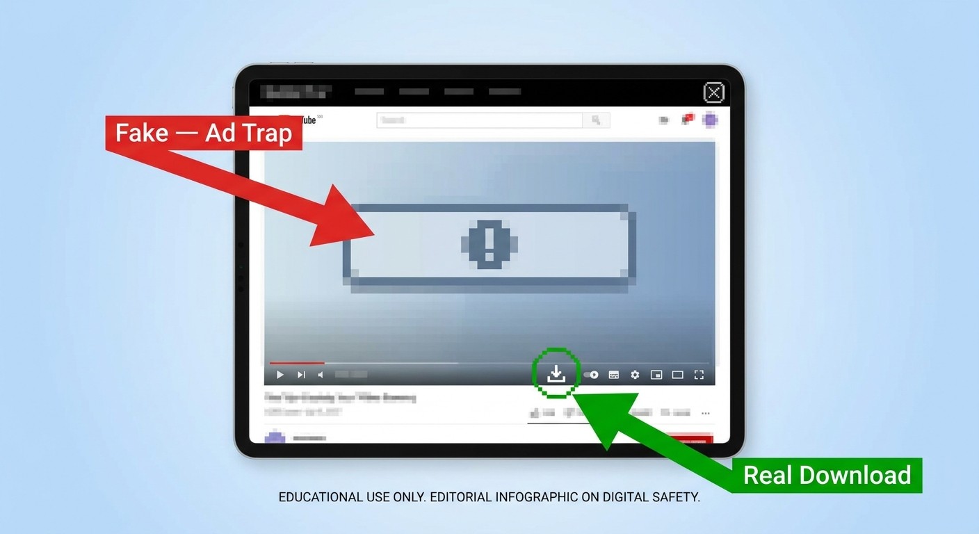 Annotated browser screenshot mockup showing a generic adult-platform video page with two clearly labelled callouts: a red 'X — Fake (Ad-trap)' arrow pointing to a flashy banner-style download button, and a green '✓ Real' arrow pointing to the authentic, understated download icon near the video player. uBlock Origin browser extension icon visible in the toolbar. Style: clean annotation overlay on a blurred/censored page background.