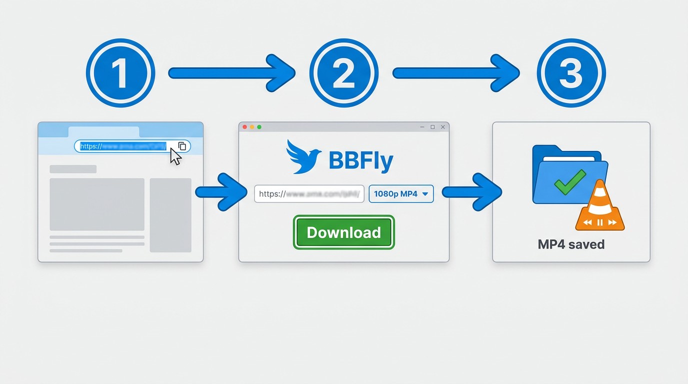 Three-stage horizontal workflow diagram: (1) Browser address bar with an XVideos page URL highlighted and a 'Copy URL' cursor action, arrow pointing to (2) BBFly desktop app window (blue bird logo visible, 'BBFly' label) showing the URL paste field and a quality dropdown set to '1080p MP4' with a Download button; arrow pointing to (3) a folder icon labelled 'Local MP4 saved' with a VLC orange-cone logo indicating playback. Clean flat illustration style, light background, numbered step badges.