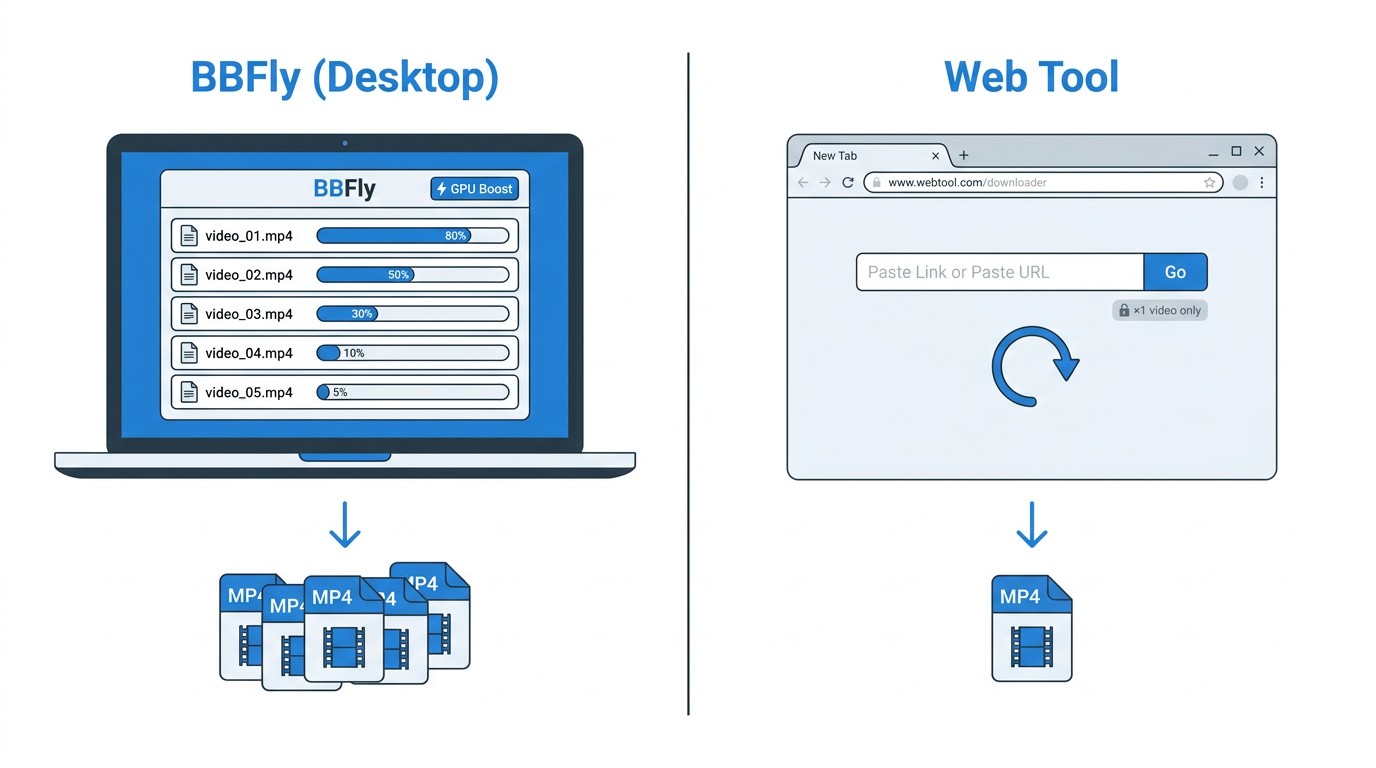 Two-panel side-by-side diagram. Left panel labeled 'BBFly (Desktop)': a laptop screen showing the BBFly app with a visible 'BBFly' wordmark, a queue list of 5 video rows with progress bars, and a 'GPU Boost' badge in blue. Right panel labeled 'Web Tool': a browser window with a single URL paste box, a spinning loader, and a '×1 video only' label in grey. Arrow under BBFly panel pointing to a stack of 5 MP4 file icons; arrow under Web Tool pointing to a single MP4 icon. Clean flat-design illustration, white background.