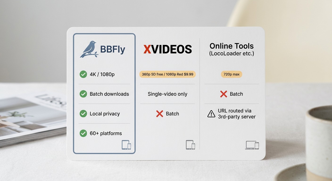 Three-column feature comparison card. Column 1: BBFly logo (blue bird icon + 'BBFly' label) — green checkmarks for '4K / 1080p', 'Batch downloads', 'Local privacy', '60+ platforms'. Column 2: XVideos logo (white X on black) — amber badge '360p SD free / 1080p Red $9.99', single-video only, red X for batch. Column 3: 'Online Tools (LocoLoader etc.)' — amber '720p max', red X for batch, warning icon for 'URL routed via 3rd-party server'. Flat card style, white background, short text values preserved, BBFly column subtly highlighted with a neutral blue border.