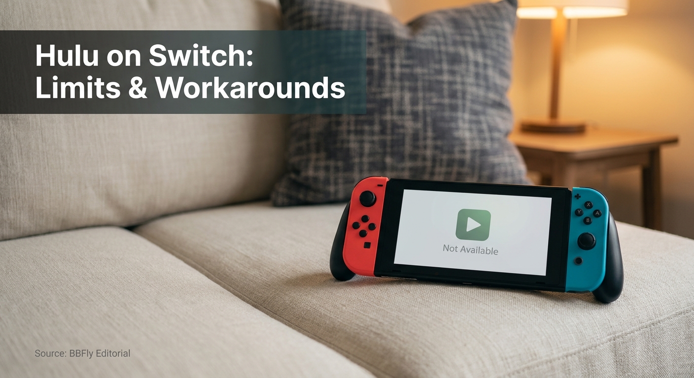 A Nintendo Switch in handheld mode resting on a couch, screen dark or showing a disconnection state, warm ambient living room lighting.