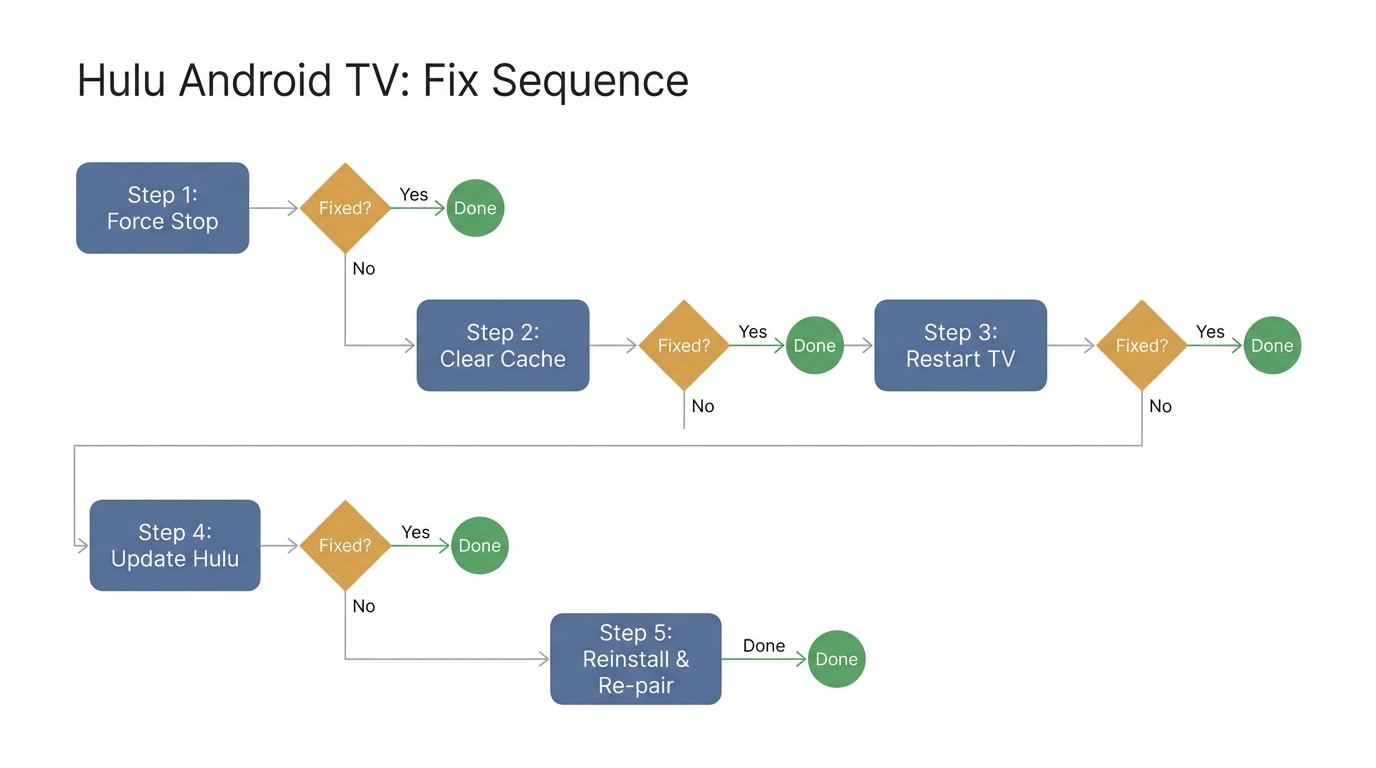 Diagnostic flowchart showing the 5-step Hulu Android TV fix sequence: force-stop, clear cache, restart TV, update Hulu, then reinstall and re-pair.