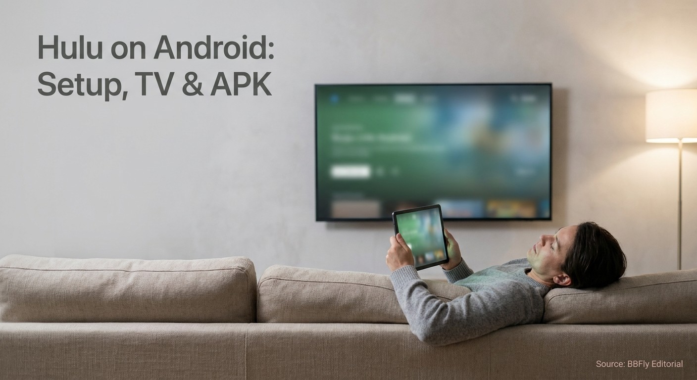 Person holding an Android tablet in a modern living room with a large TV visible in the background, illustrating Hulu on Android across multiple devices.