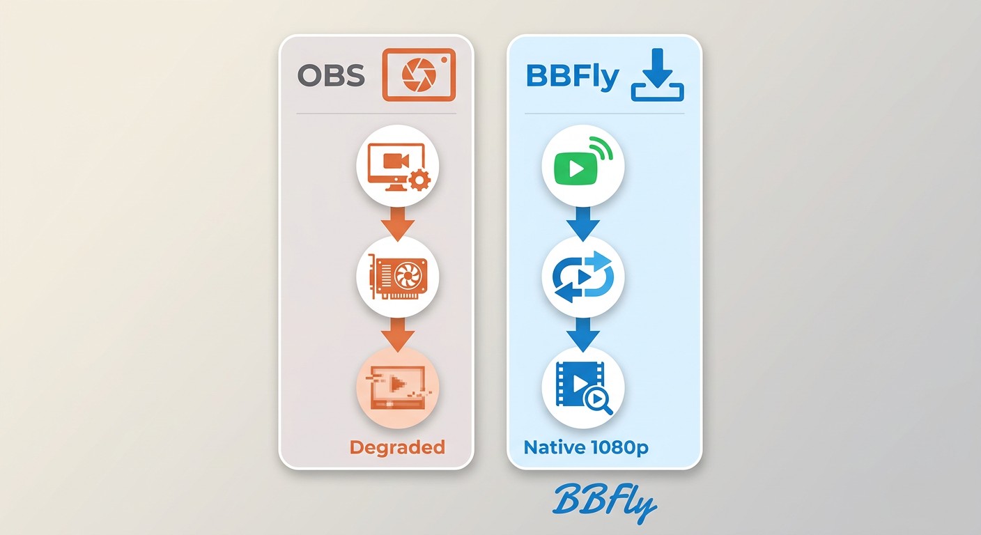 OBS screen capture vs BBFly native download: OBS causes quality loss in real-time capture, while