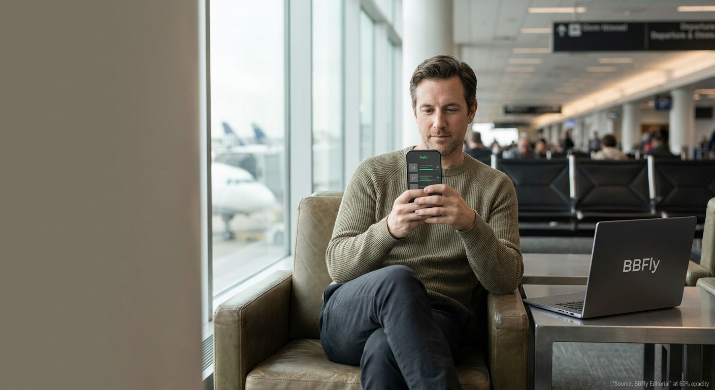 A traveler holding an iPhone showing a generic download queue screen, with a carry-on bag and departure gate in the blurred background.