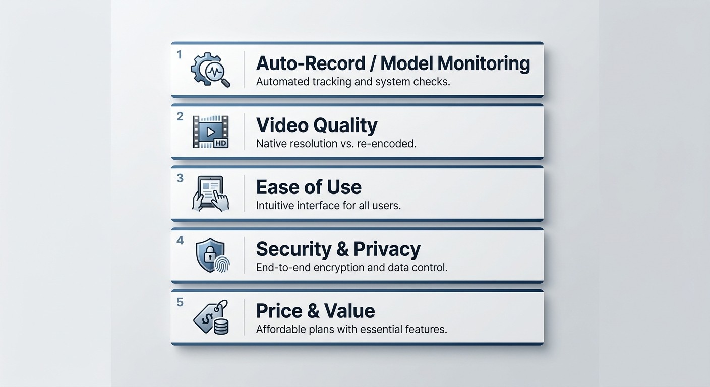 Five criteria used to rank 2026 Chaturbate recorders: Auto-Record, Video Quality, Ease of Use, Secur
