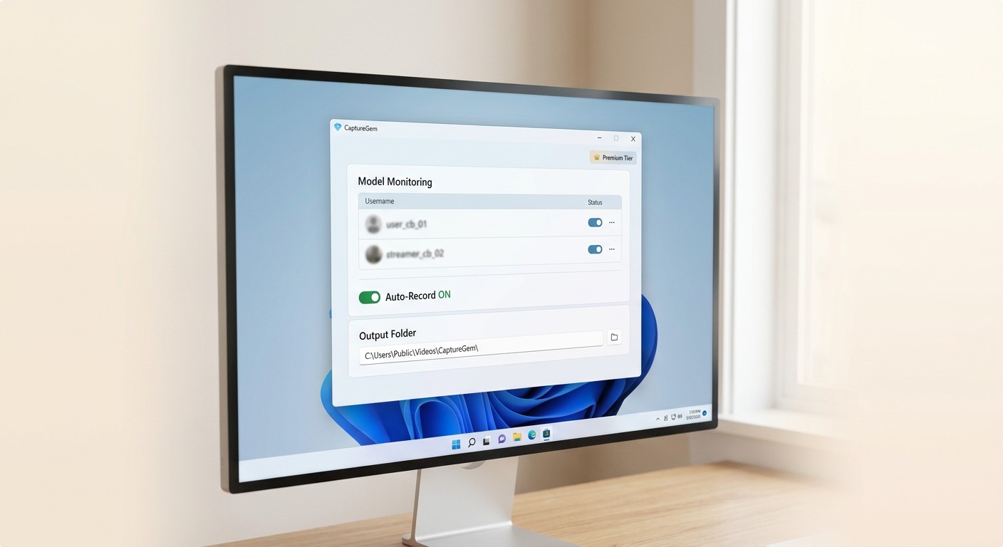 CaptureGem desktop app showing auto-record model list, green toggle, and MP4 output path — no termin
