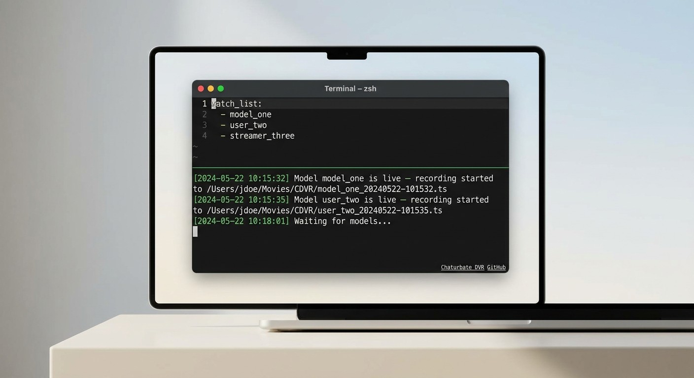 Chaturbate DVR terminal on macOS showing config file with model watchlist and 'recording started' co