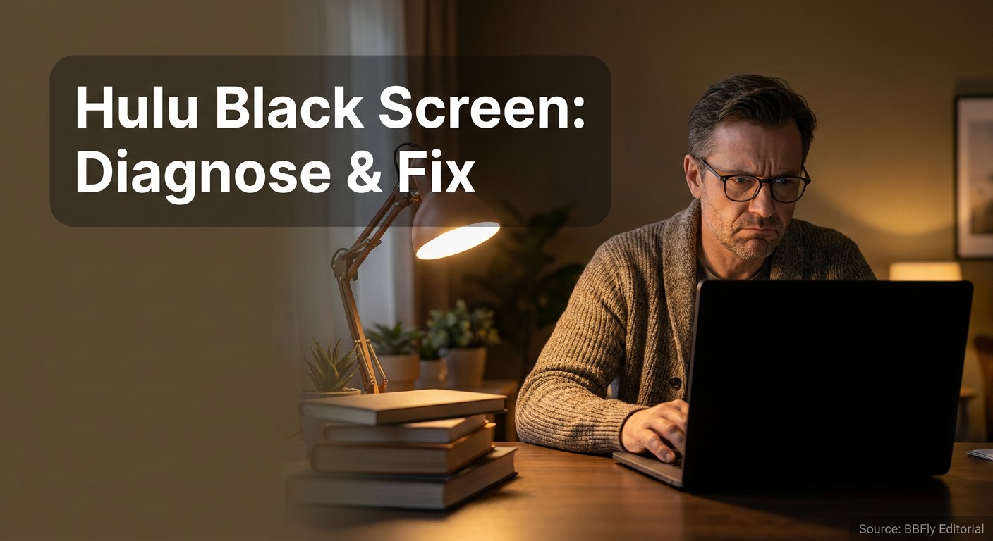 A person in their 40s sitting at a home desk, staring at a completely black laptop screen with a loo