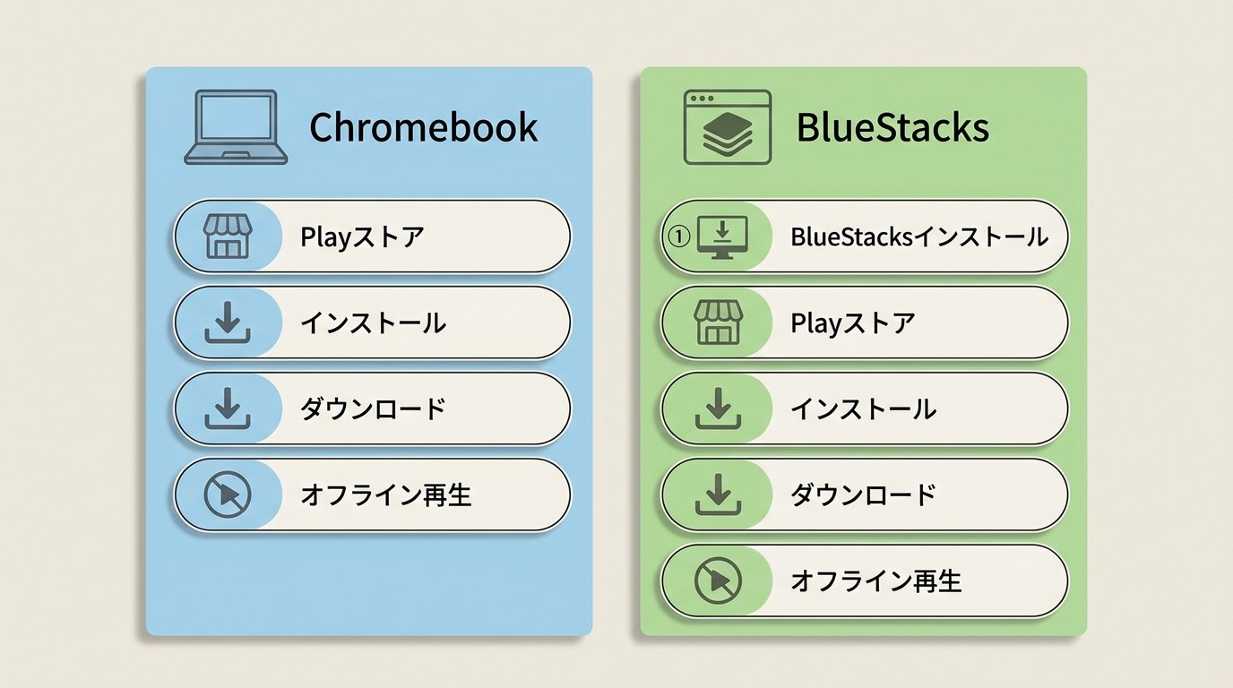 ChromebookとBlueStacks（Androidエミュレーター）経由でNetflixをダウンロードする手順の比較図