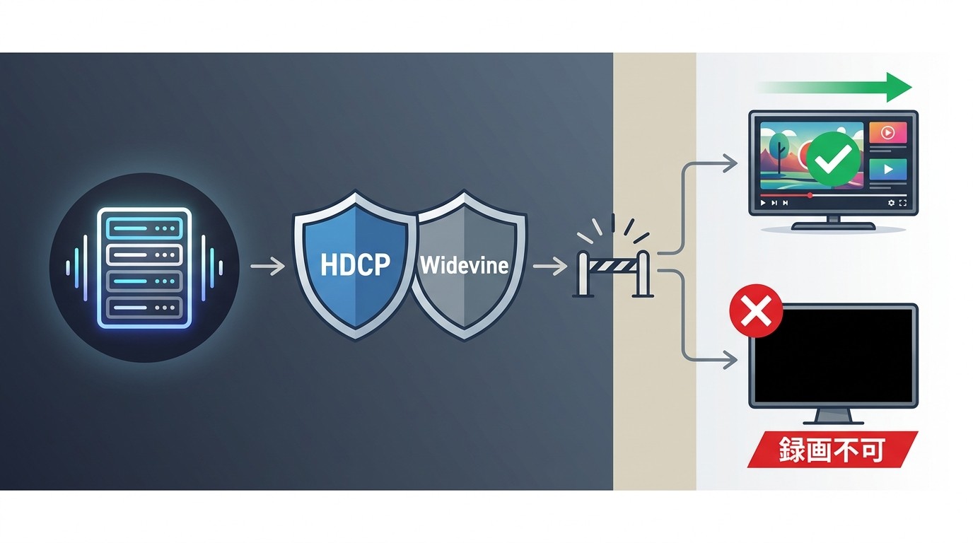 HDCPとWidevineの二重保護によりOBS等の録画ツールには映像が届かず黒い画面になる仕組み