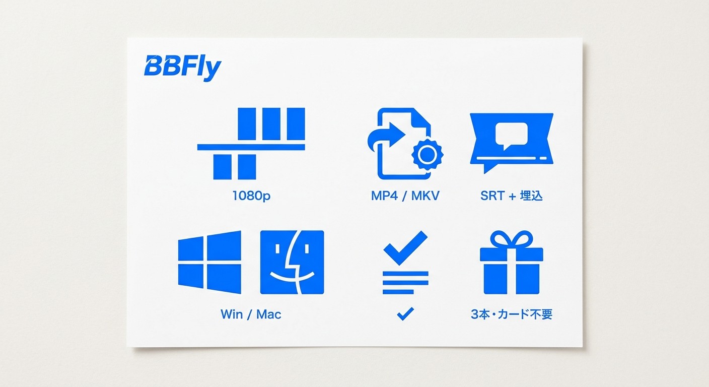 BBFly Netflix Downloader仕様まとめ：1080p・MP4/MKV・SRT字幕・Win/Mac・バッチ対応・無料3本