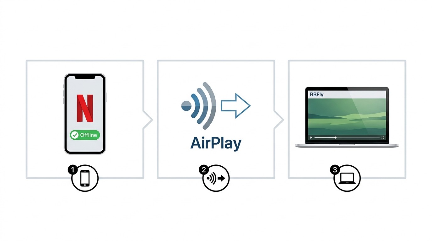 iPhoneでNetflixをダウンロードしAirPlayでMacBookに送信してオフライン視聴する3ステップの流れ