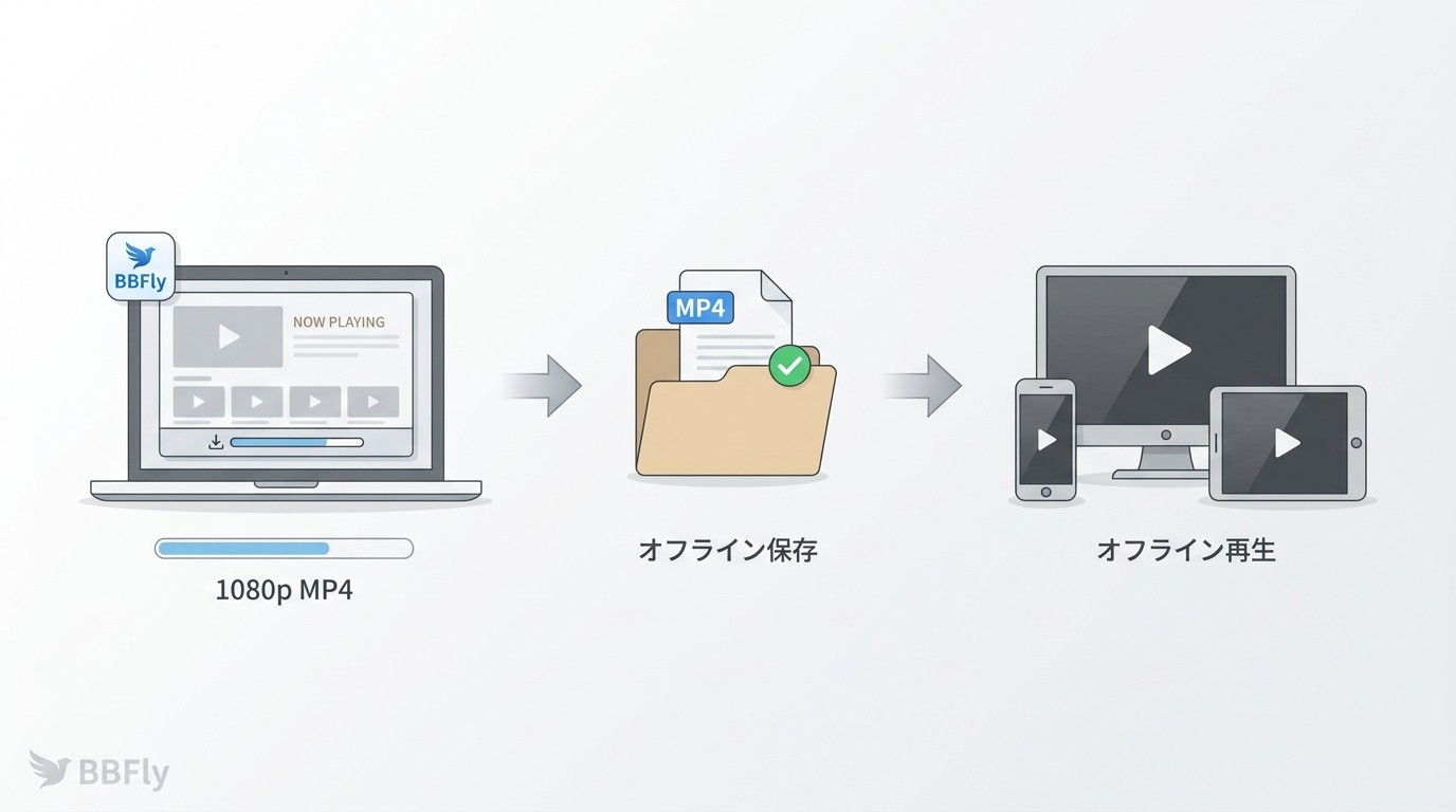 BBFly Netflix Downloaderのワークフロー：PCでNetflixコンテンツを1080p MP4でダウンロード→ローカル保存→複数デバイスで期限なし再生