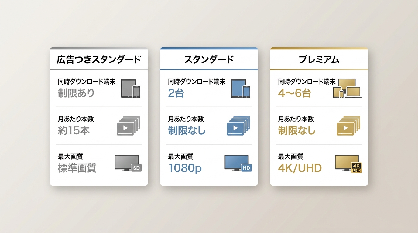 Netflix広告つき・スタンダード・プレミアムのダウンロード端末数・月間本数・最大画質の比較